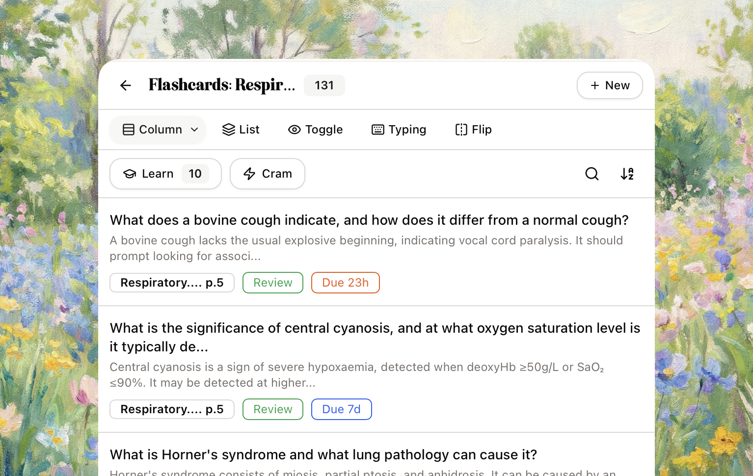 Flashcard column view